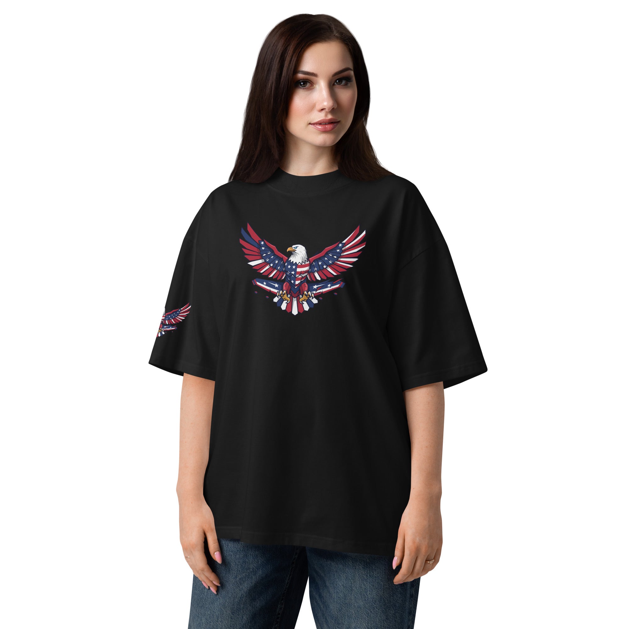 Woman wearing a black t-shirt with an eagle design on a white background