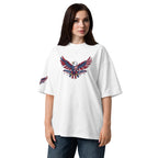 Woman wearing a white t-shirt with an eagle design on a white background