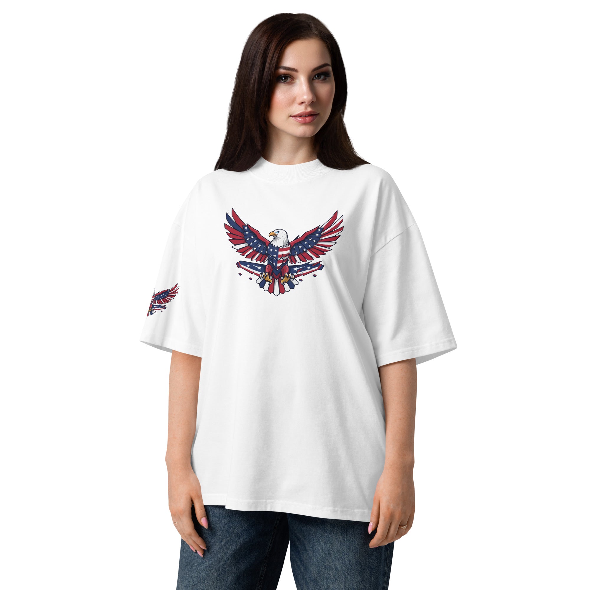 Woman wearing a white t-shirt with an eagle design on a white background