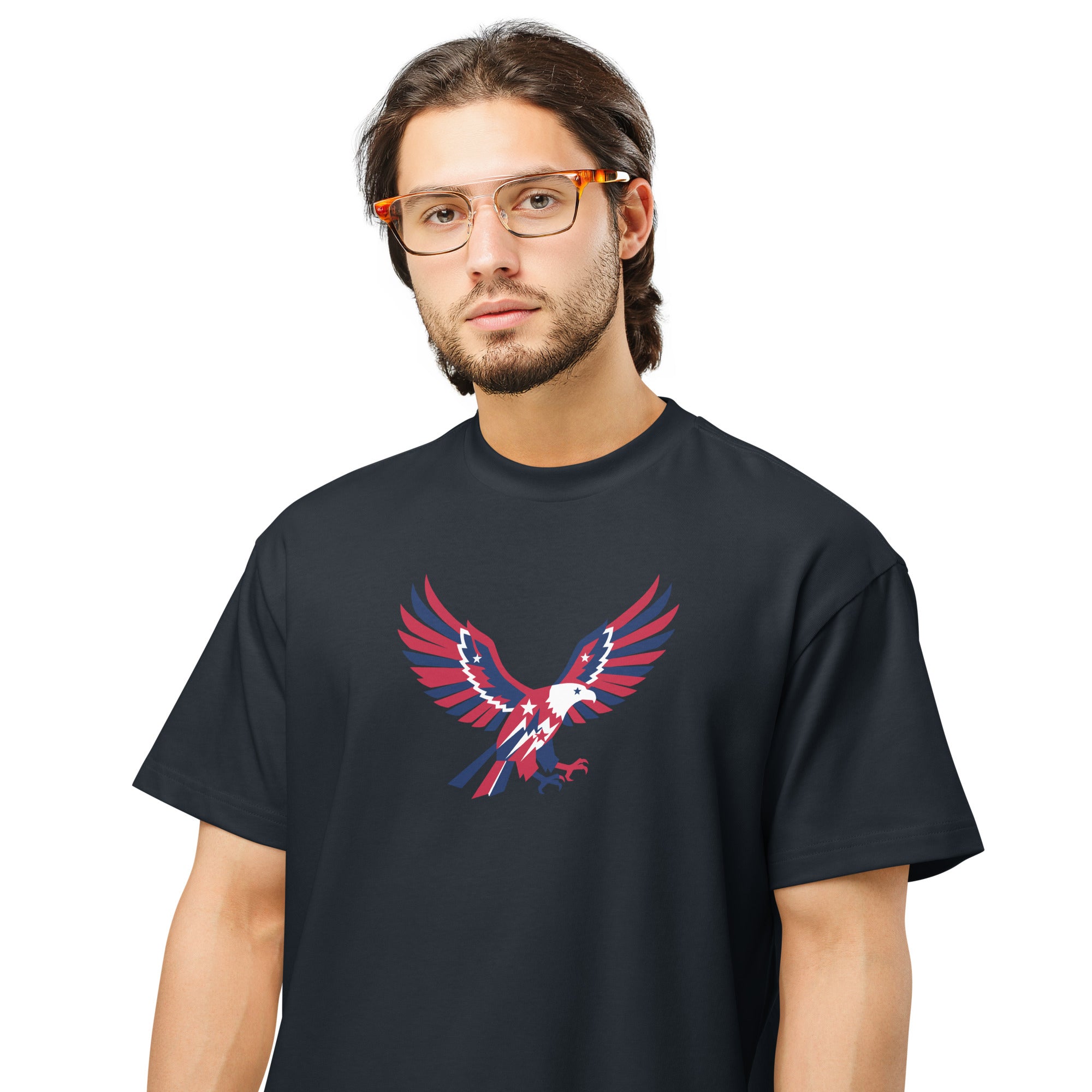 Man wearing a black t-shirt with an eagle design on a white background