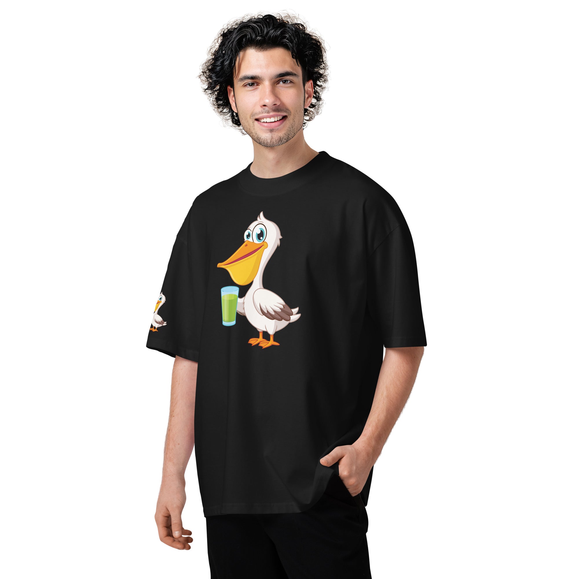 Man wearing a black t-shirt with a cartoon duck design on a white background