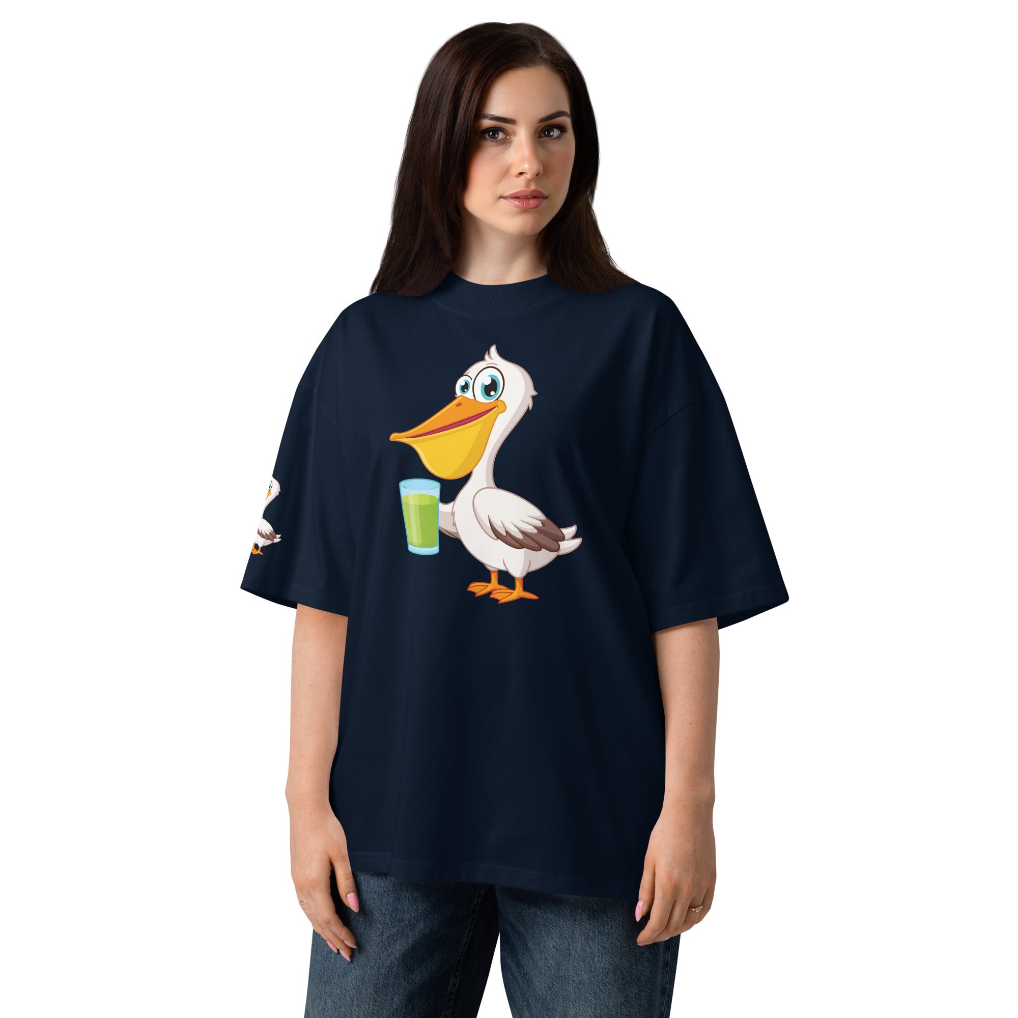 Person wearing a navy blue t-shirt with a cartoon pelican design on a white background