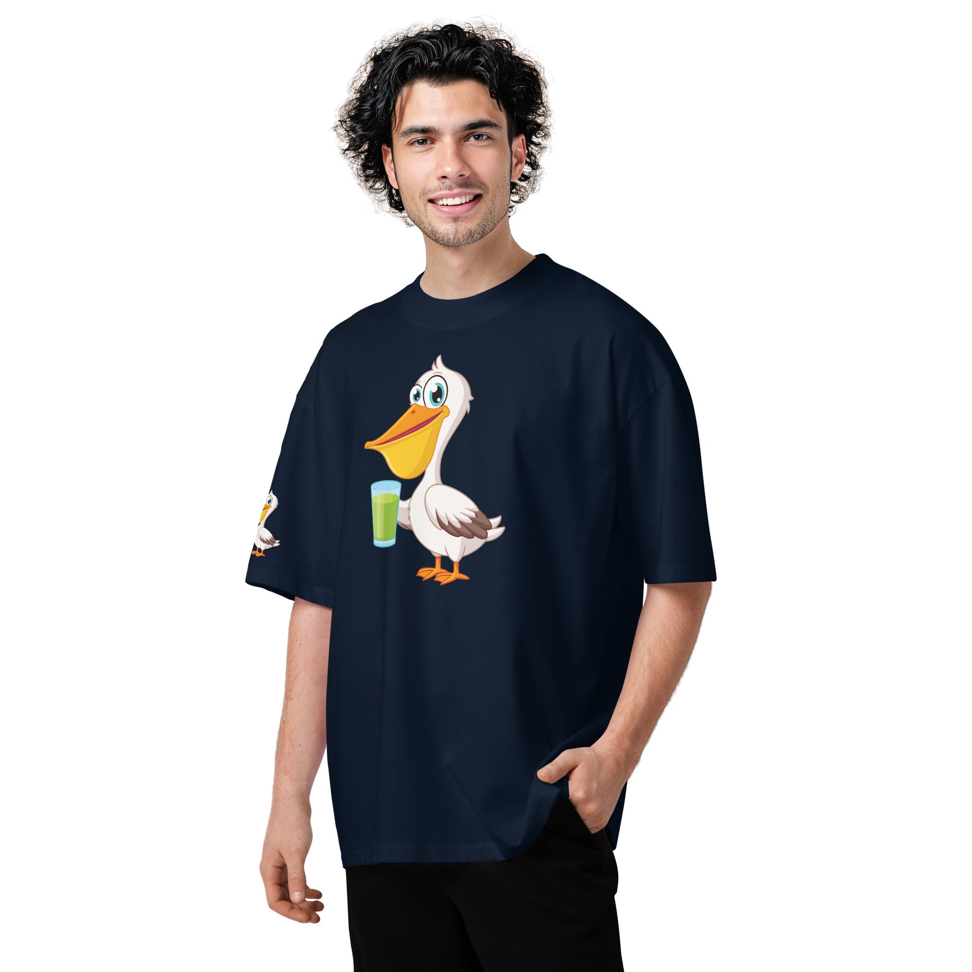 Man wearing a black t-shirt with a cartoon duck design on a white background