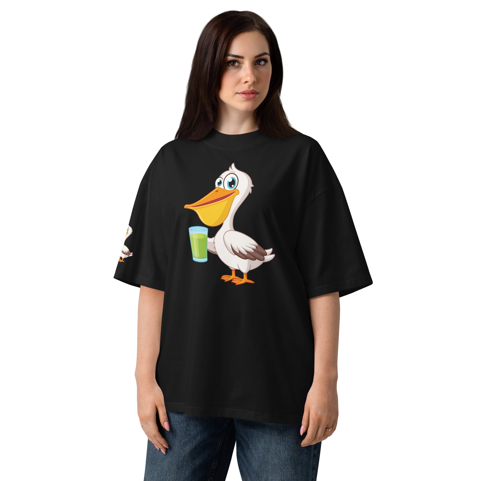 Person wearing a black t-shirt with a cartoon pelican design on a white background
