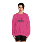 Woman wearing a pink sweatshirt with text design on a white background