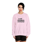 Woman wearing a pink sweatshirt with text design on a white background