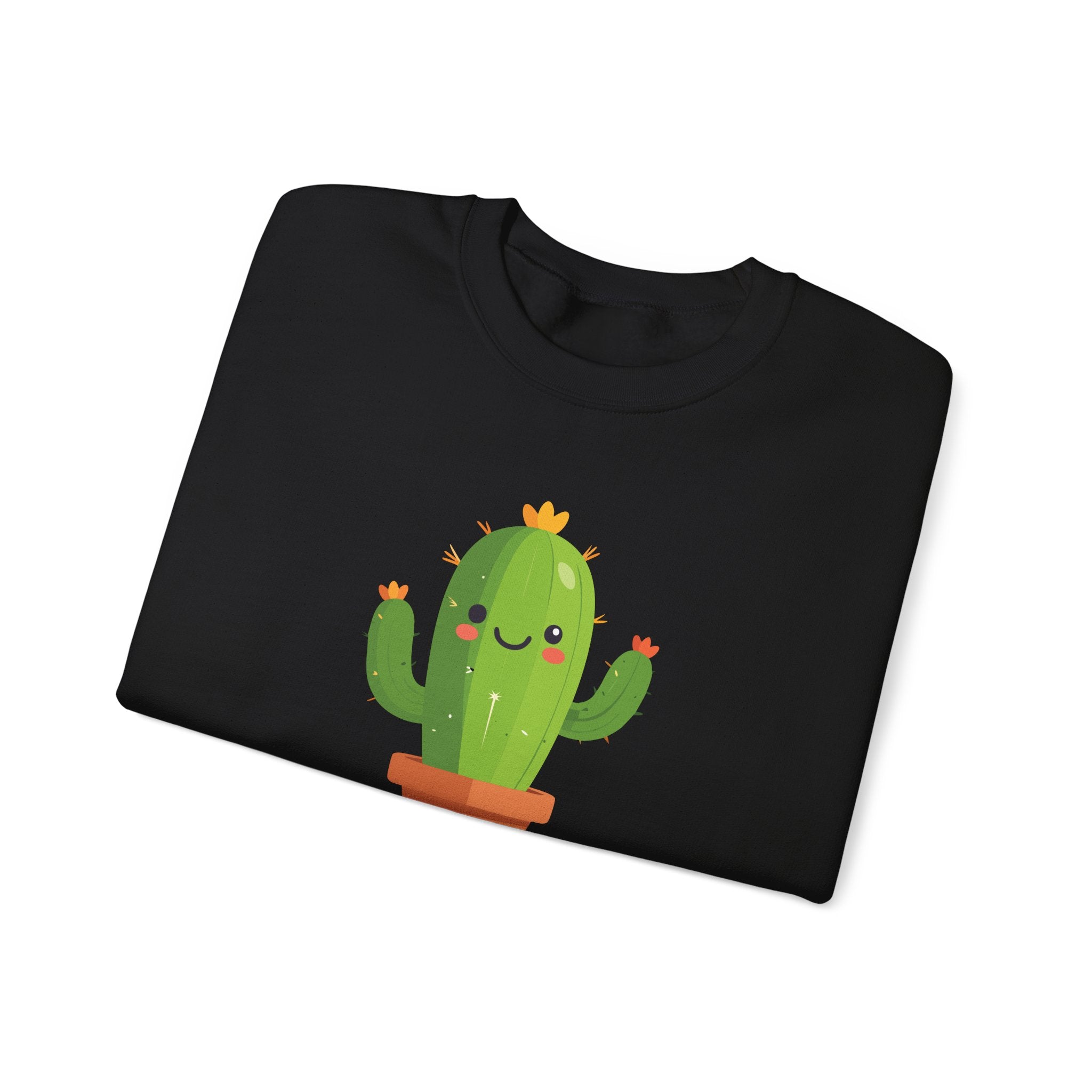 Black sweatshirt with a cartoon cactus design on a white background