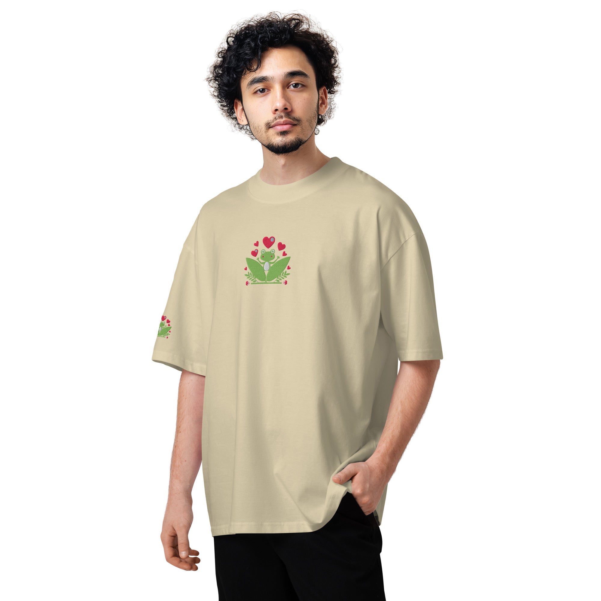 Funny Frog Dancing on Leaves Around a Heart Organic Oversized T-Shirt