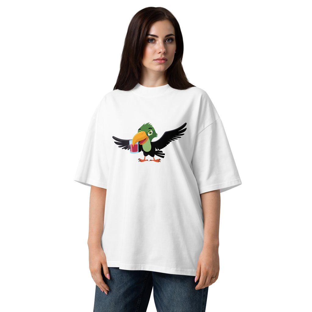 Woman wearing a white t-shirt with a colorful parrot design on a white background
