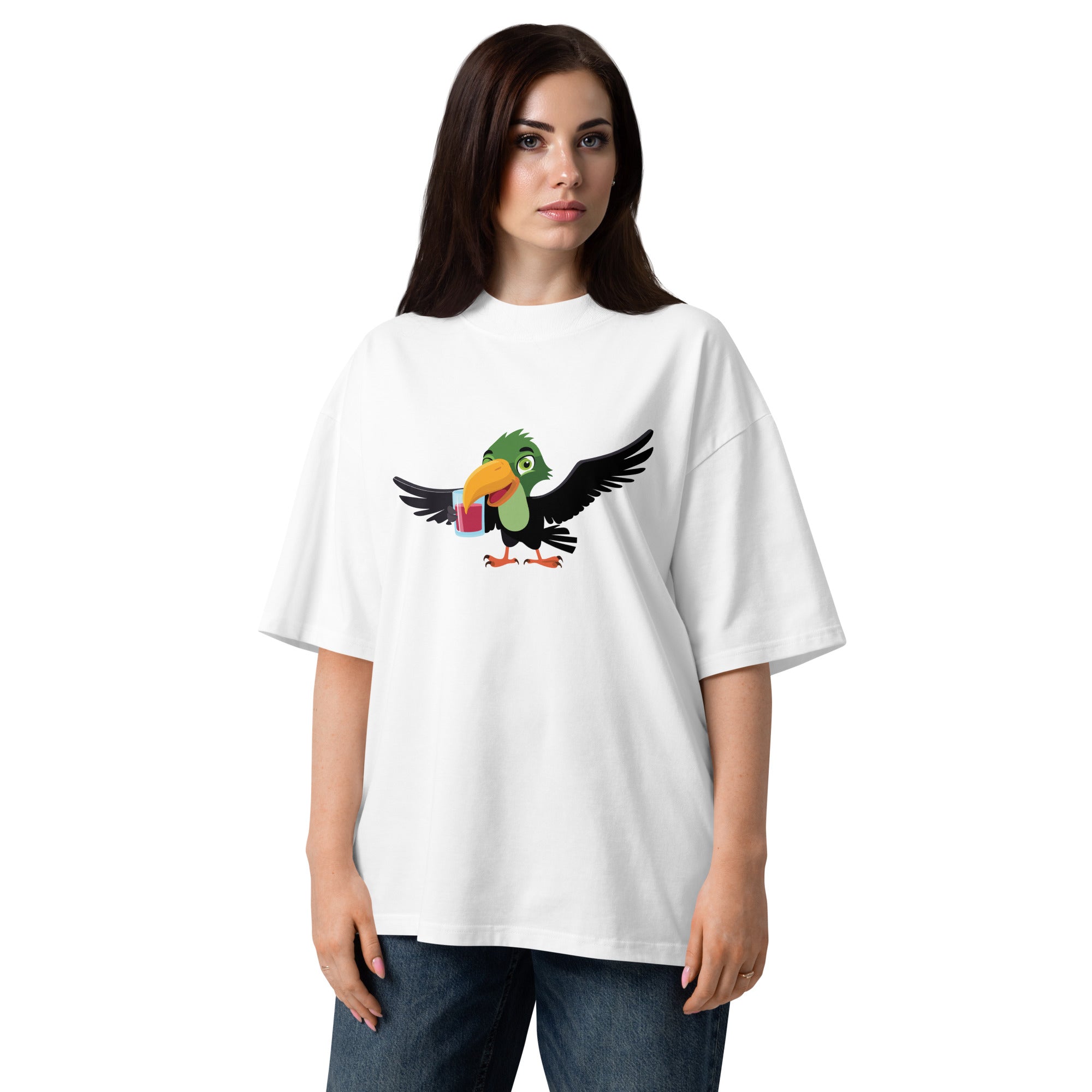Woman wearing a white t-shirt with a colorful parrot design on a white background