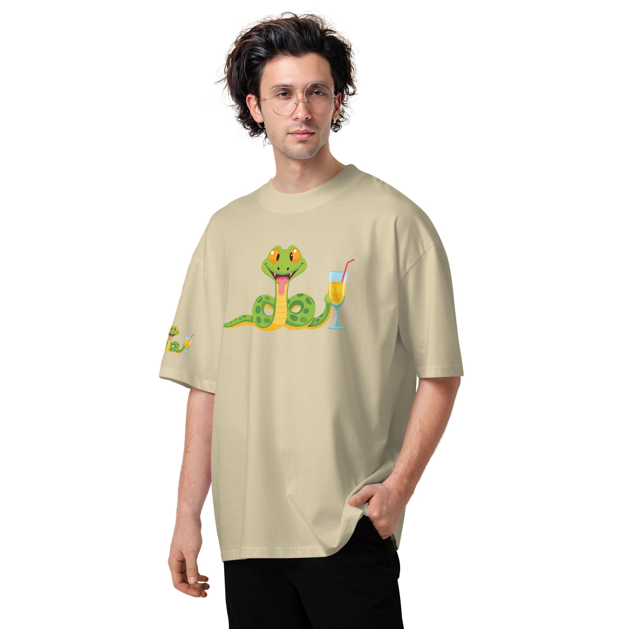 Man wearing a beige t-shirt with a snake graphic design on a white background