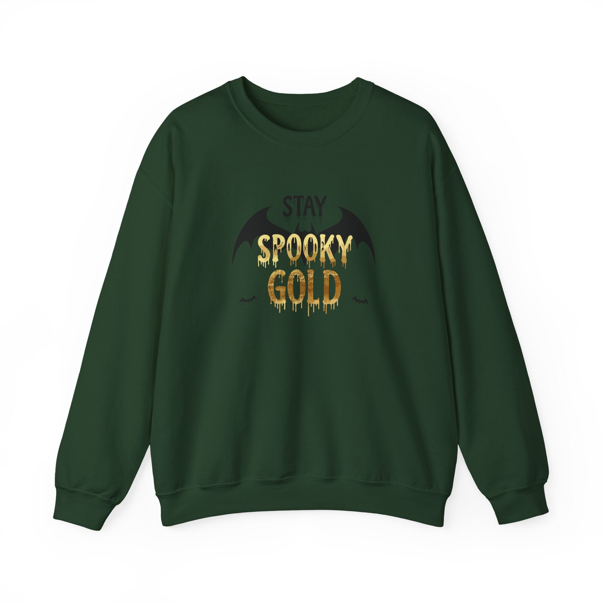 Green sweatshirt with 'Stay Spooky Gold' text and bat design on a white background