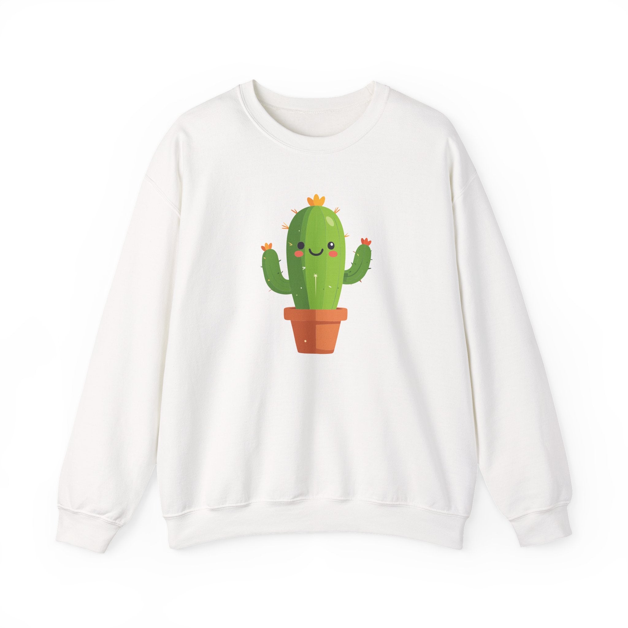 White sweatshirt with a cactus design on a white background