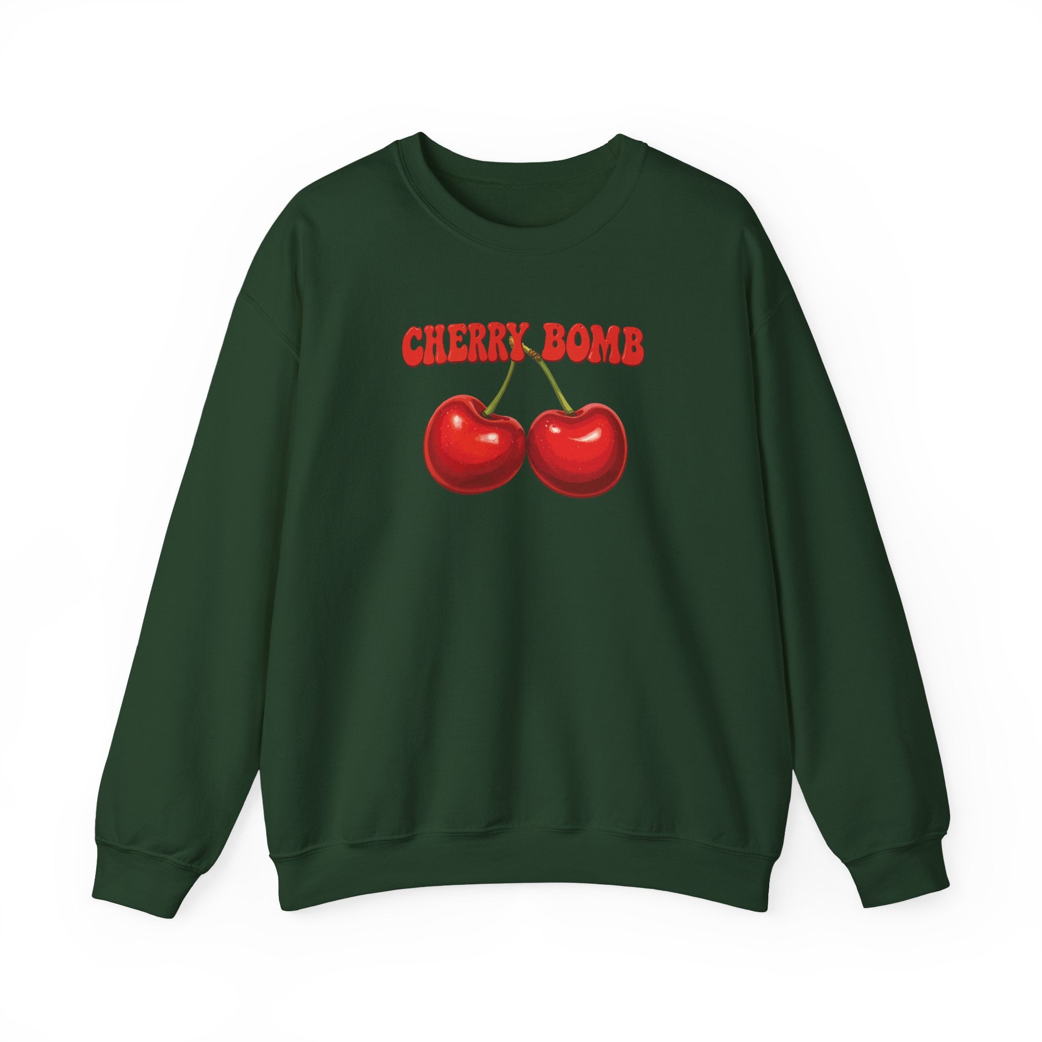 Green sweatshirt with red cherries and 'CHERRY BOMB' text on a white background