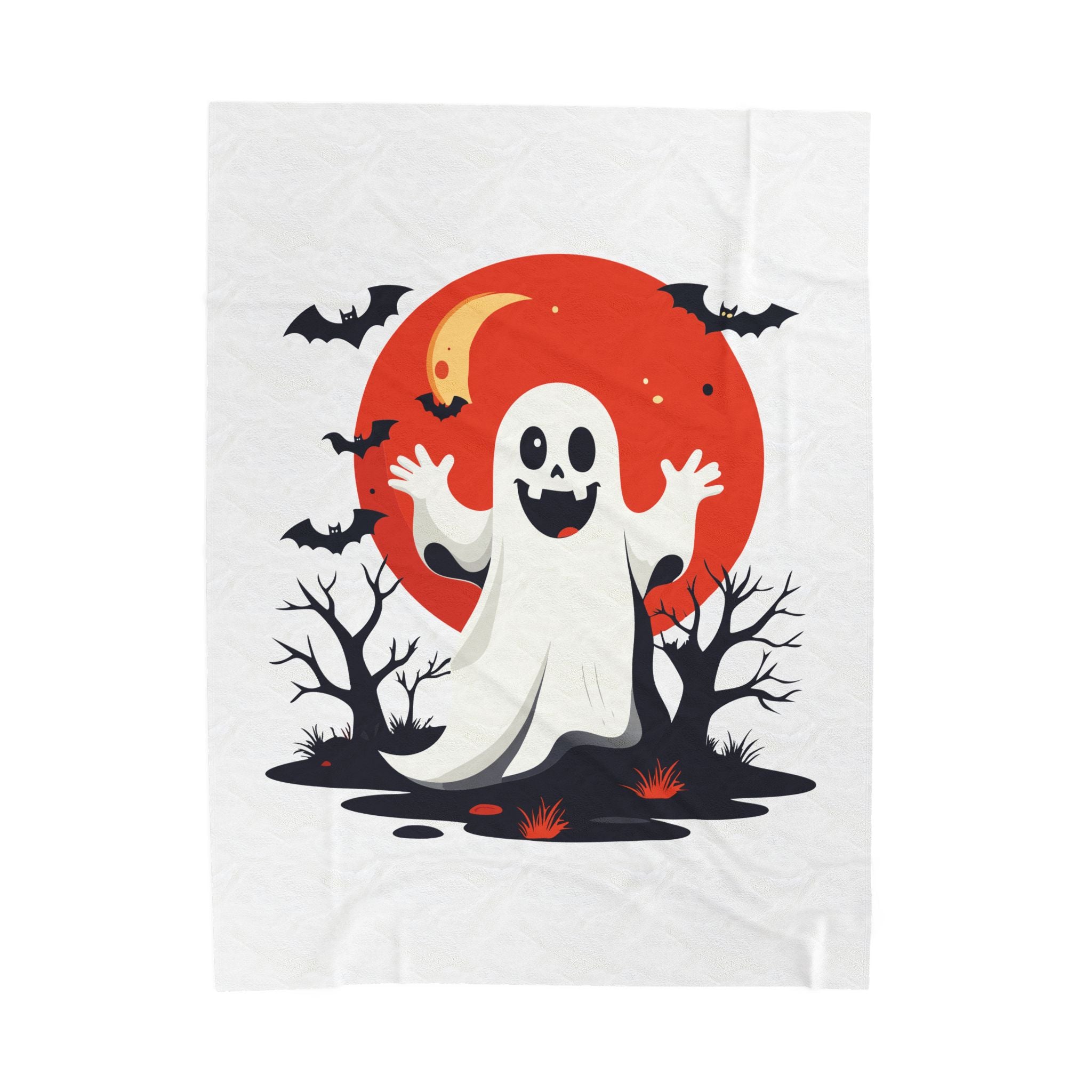 Halloween-themed t-shirt with a ghost, moon, and bats design on a white background