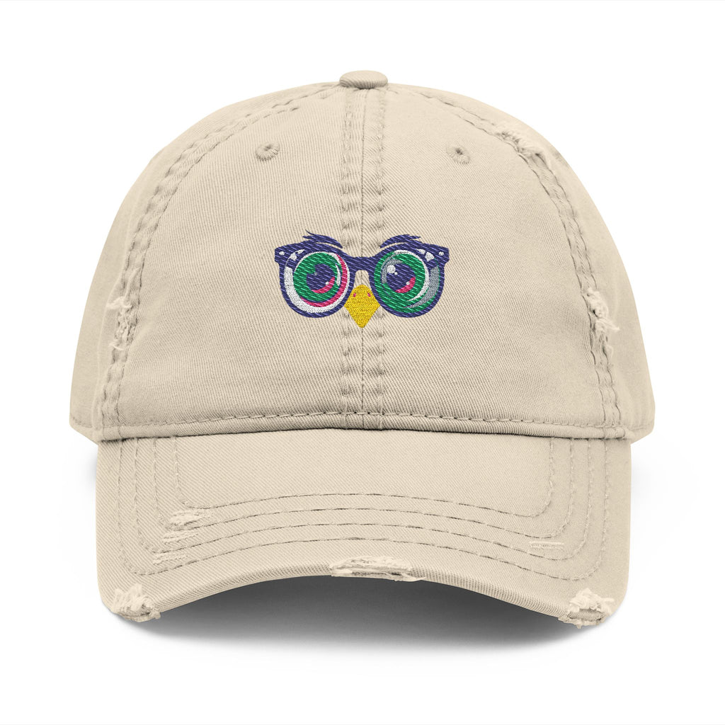 Beige cap with a colorful sunglasses and bird design on a white background