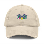Beige cap with a colorful sunglasses and bird design on a white background