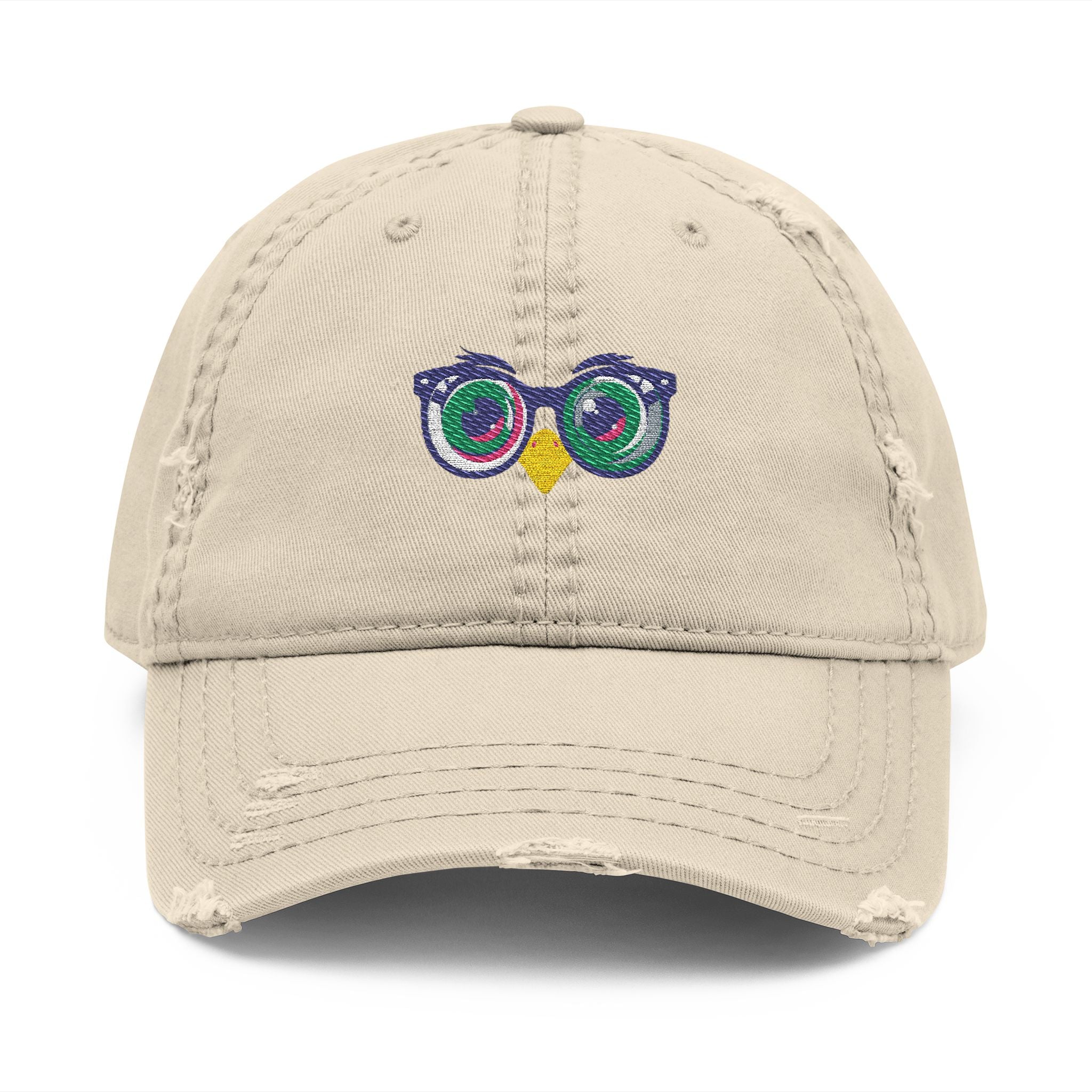 Beige cap with a colorful sunglasses and bird design on a white background