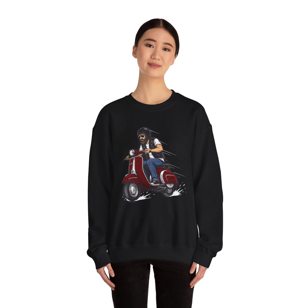 Person wearing a black sweatshirt with a graphic design of a person on a scooter.