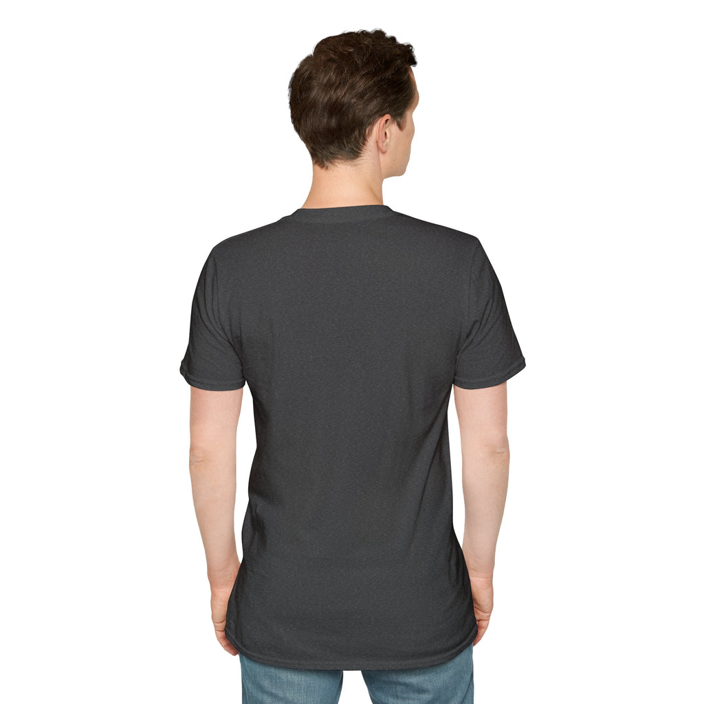 Person wearing a plain dark gray t-shirt on a white background