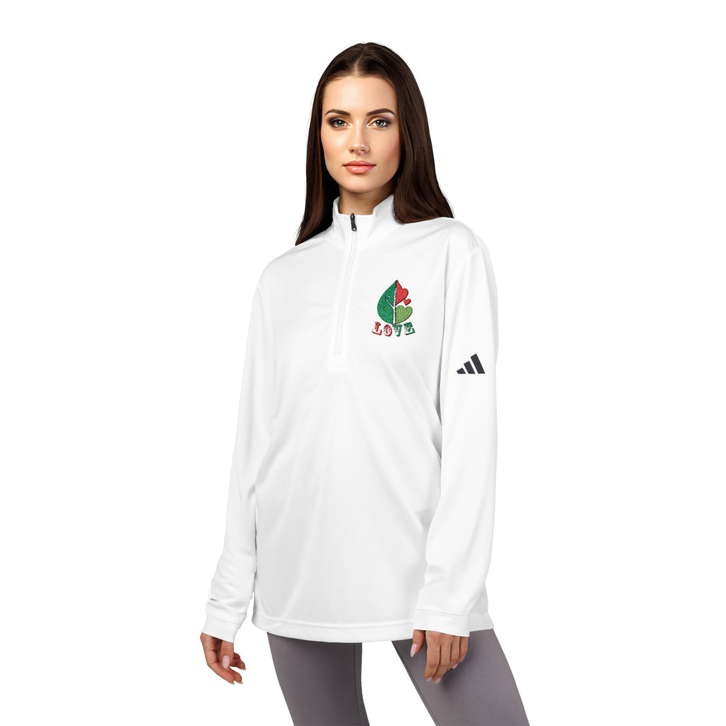 Woman wearing a white Adidas jacket with a logo on a white background