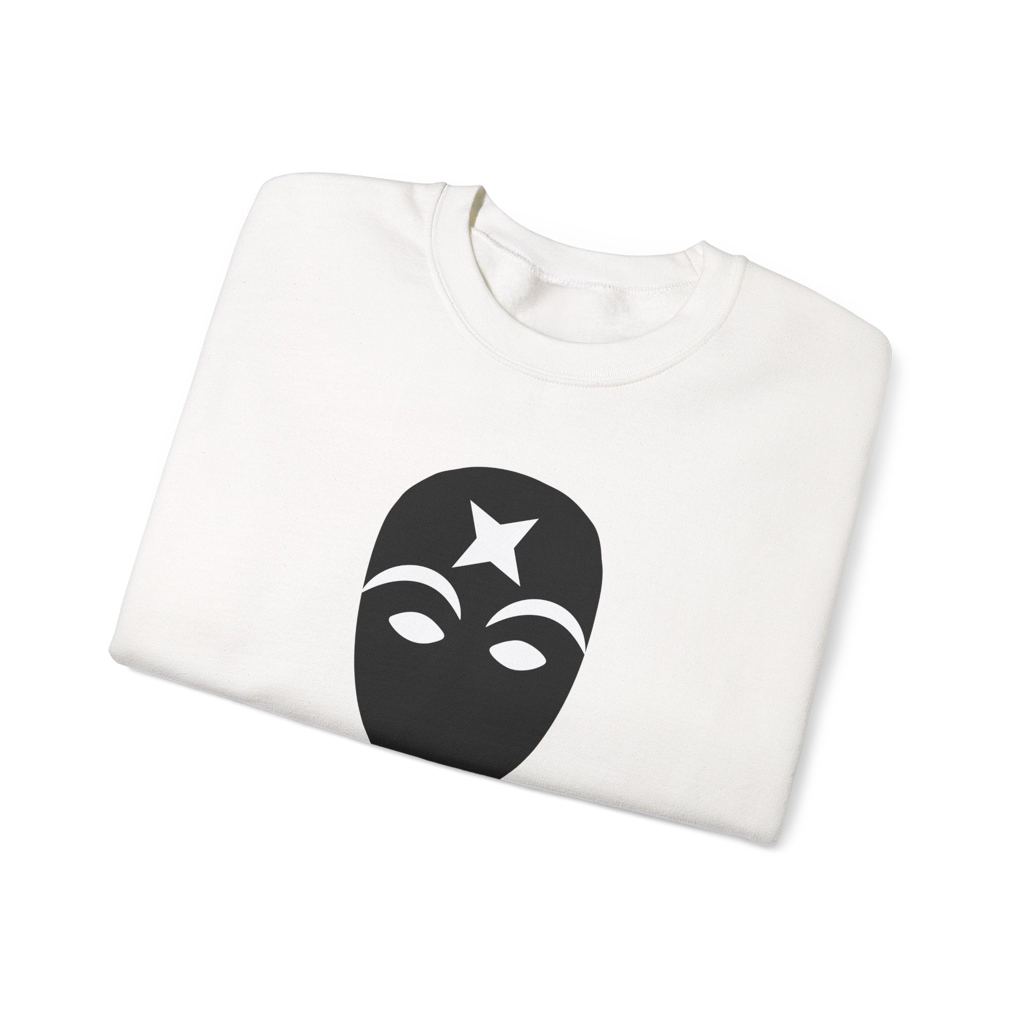 White sweatshirt with black mask graphic featuring a star on a white background