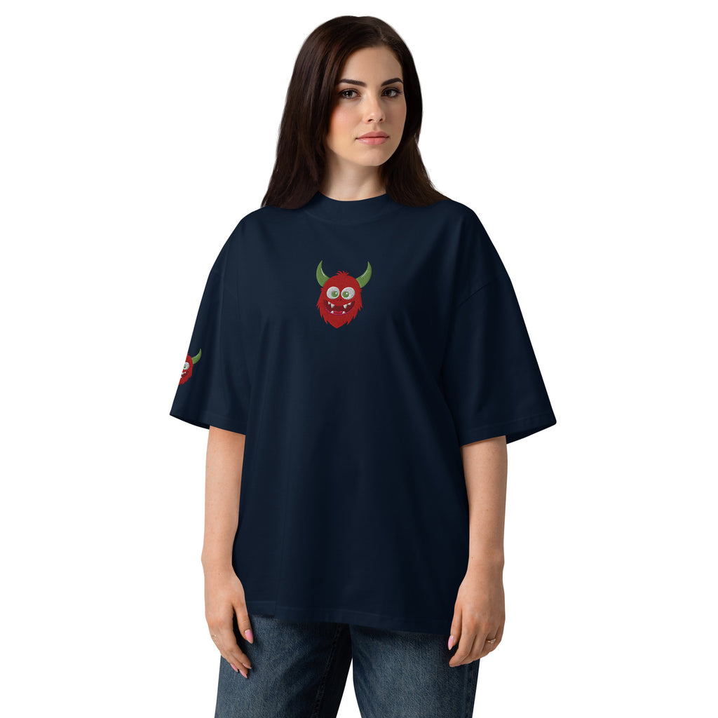 Person wearing a navy blue t-shirt with a green and red logo on a white background