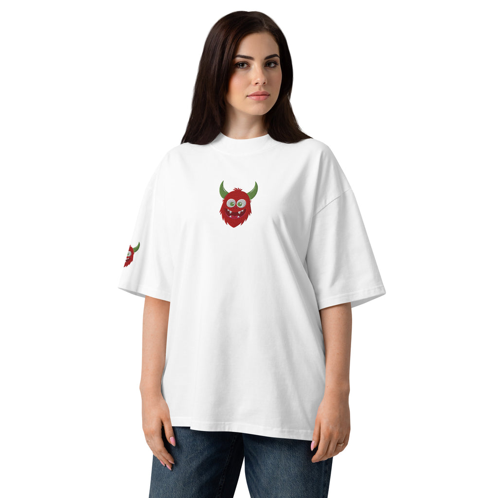 Person wearing a white t-shirt with a red and green graphic design on a white background