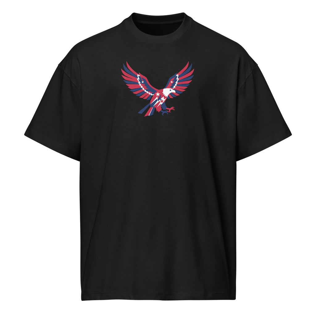Black t-shirt with a colorful eagle design on a white background