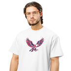 Man wearing a white t-shirt with a red and blue eagle design on a white background