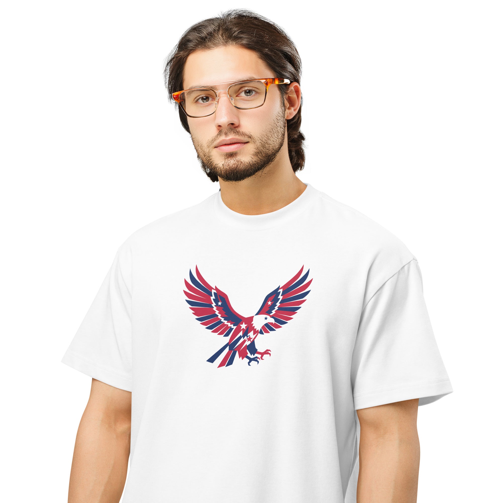 Man wearing a white t-shirt with a red and blue eagle design on a white background