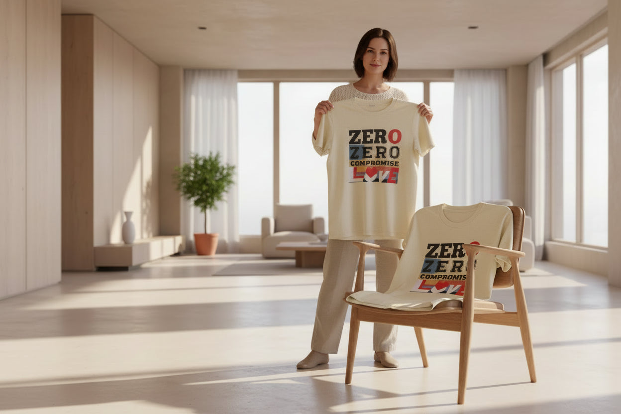 Woman wearing a cream t-shirt with a graphic design on a white background