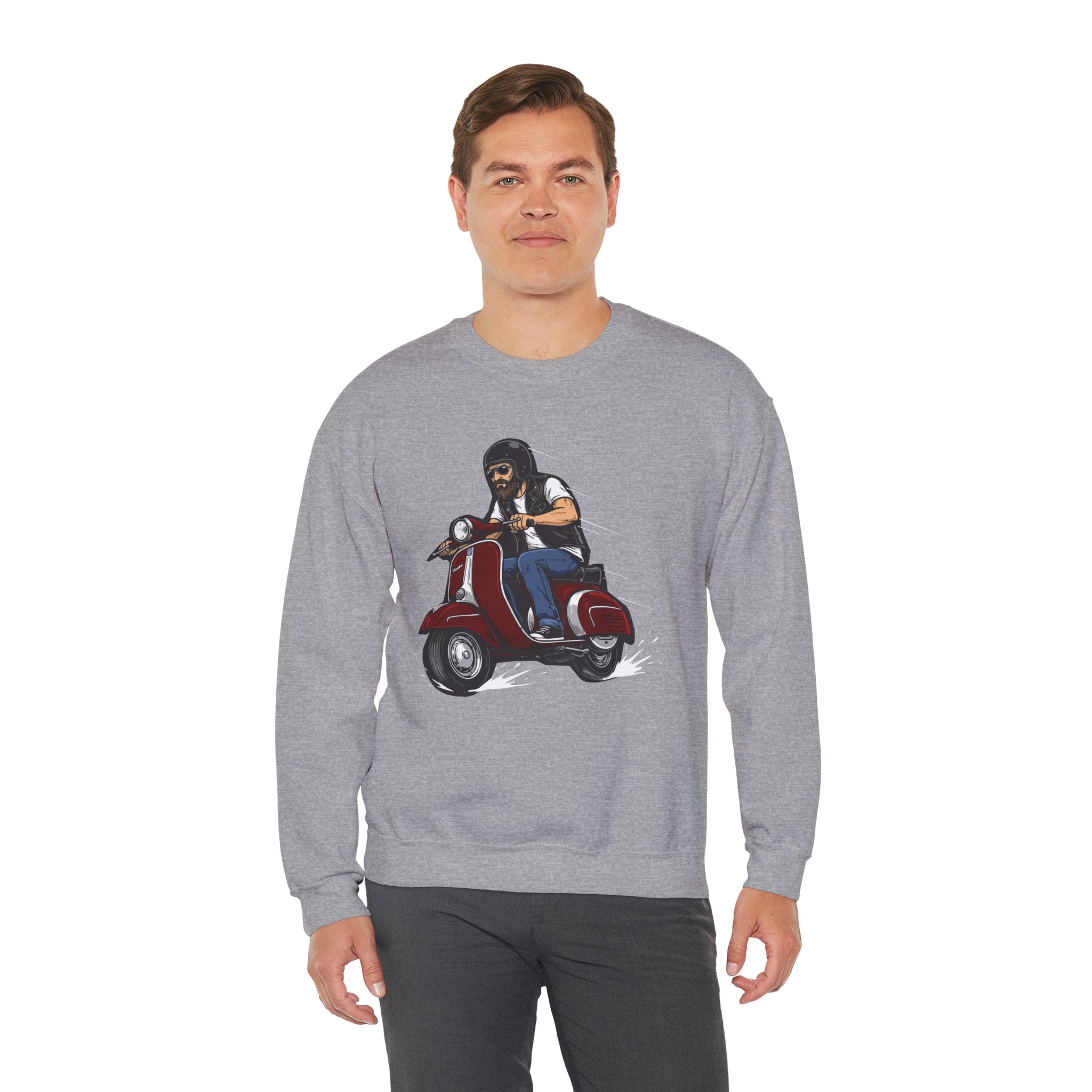 Person wearing a gray sweatshirt with a graphic design on a white background