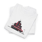 White t-shirt with a red and black graphic design on a white background