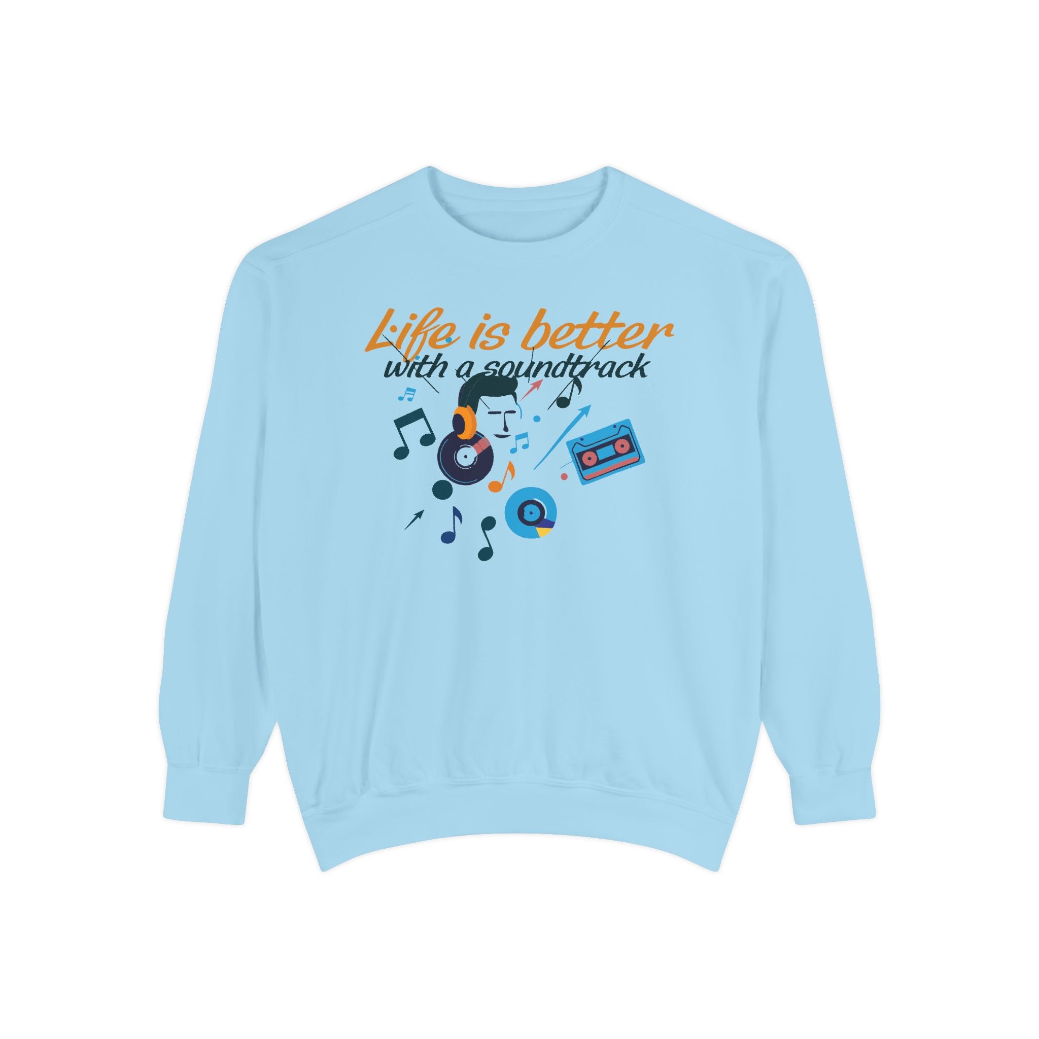Light blue sweatshirt with music-themed design and text on a white background