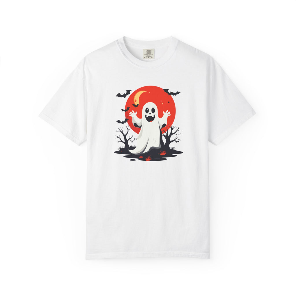 White t-shirt with a Halloween-themed graphic of a ghost and full moon on a white background