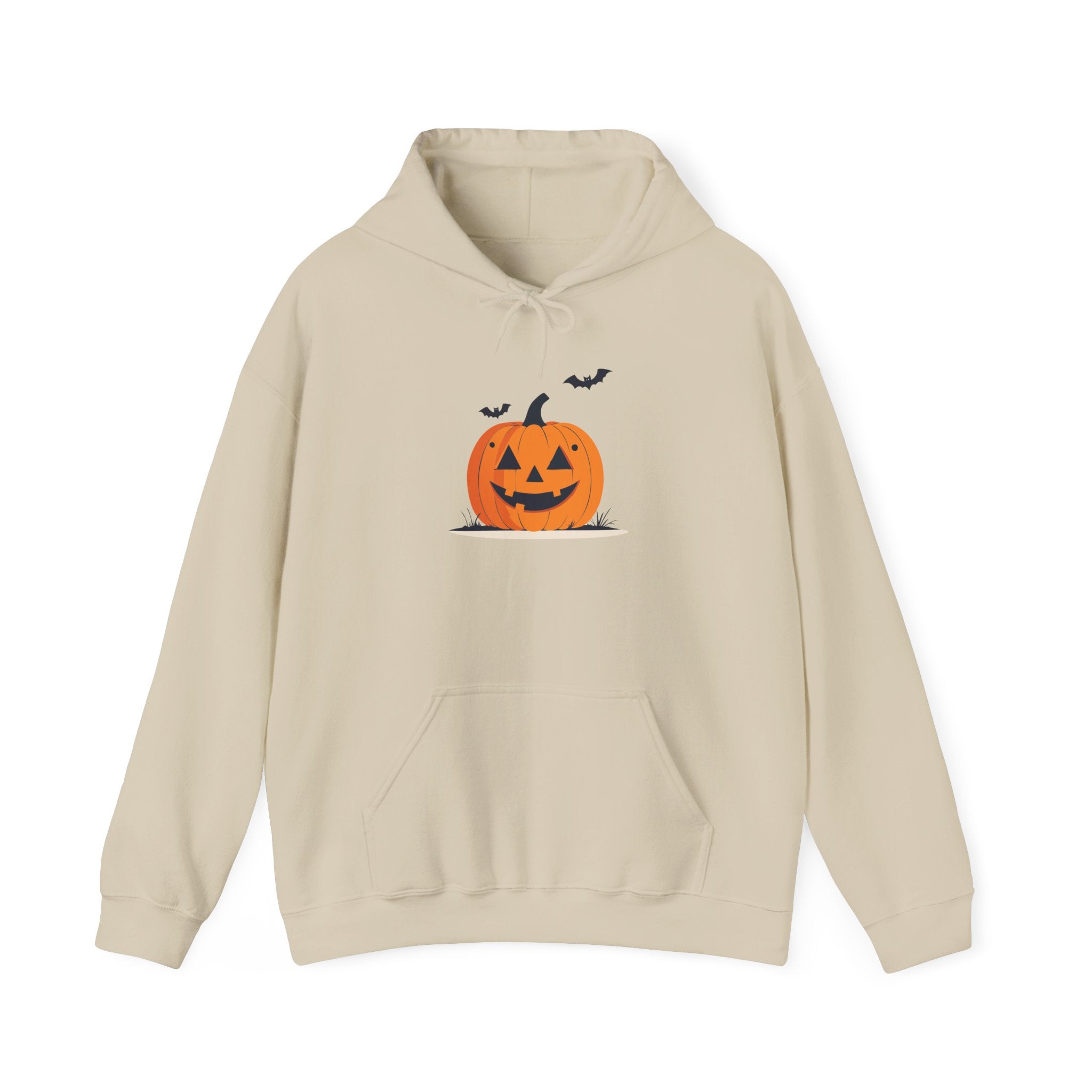 Beige hoodie with a Halloween-themed design featuring a pumpkin and bats on a white background.