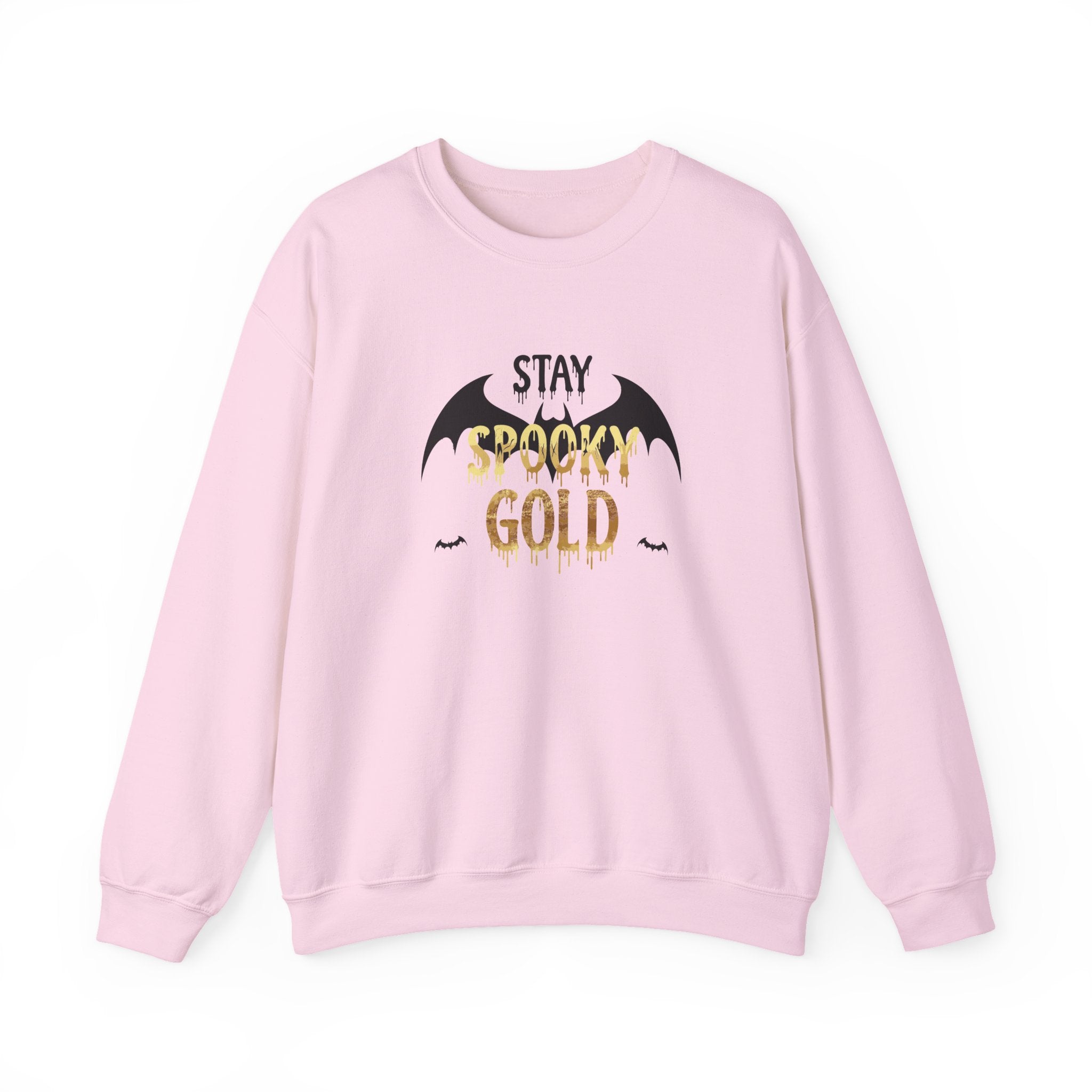 Pink sweatshirt with 'Stay Spooky Gold' text and bat design on a white background