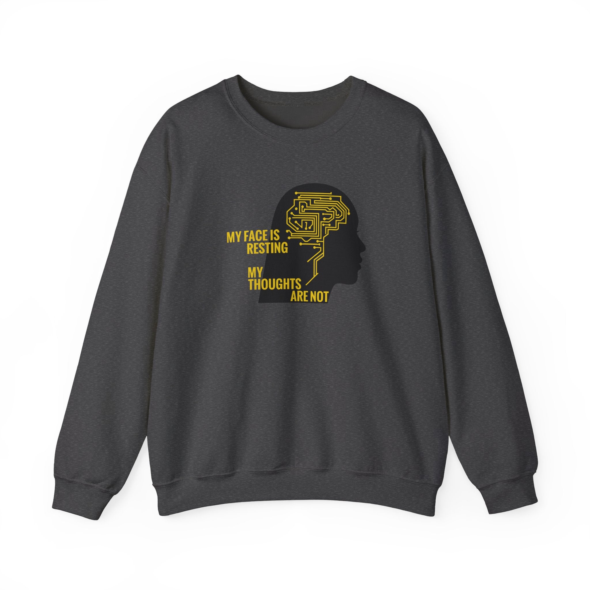 Gray sweatshirt with yellow and black graphic design on a white background