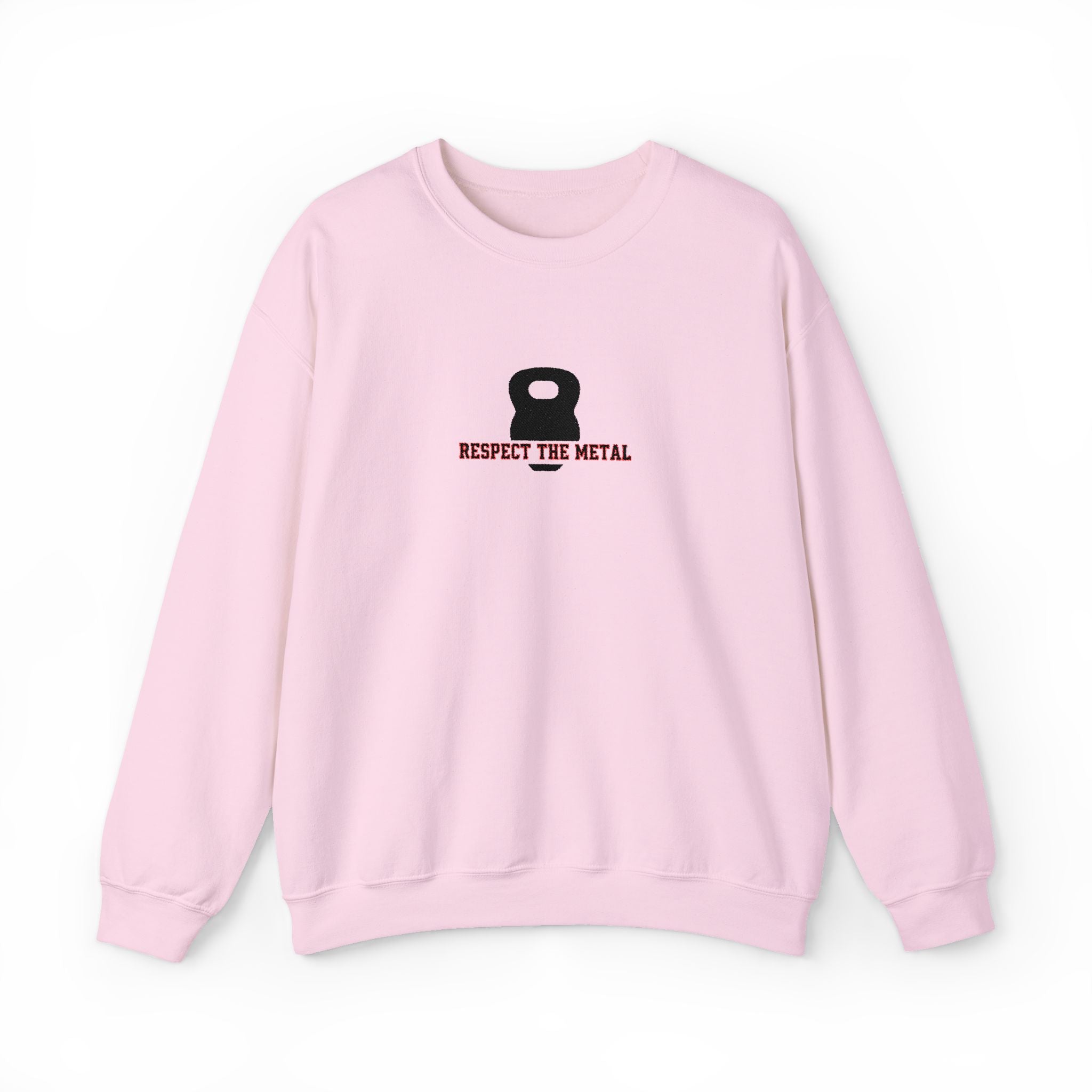 Pink sweatshirt with a kettlebell graphic and text on a white background