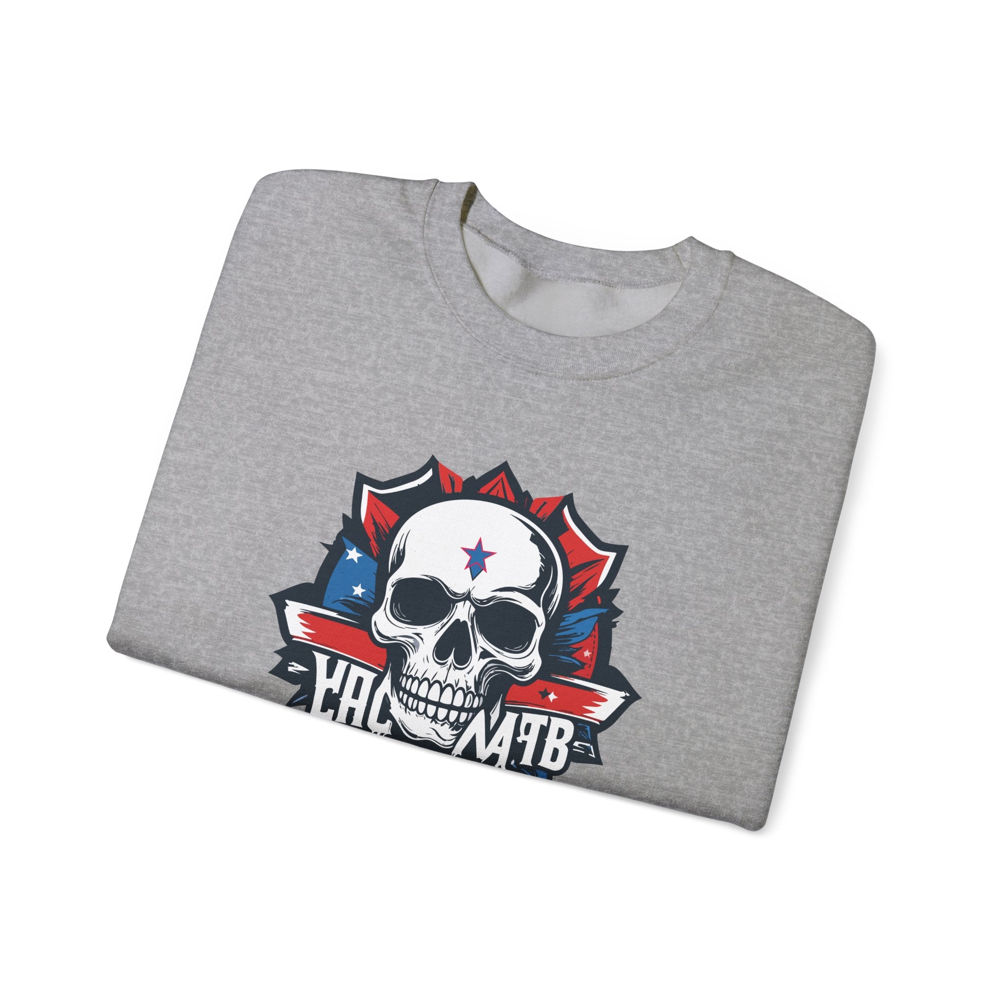 Folded gray t-shirt with a skull and flag design on a white background