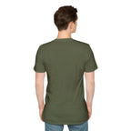 Person wearing an olive green t-shirt on a white background