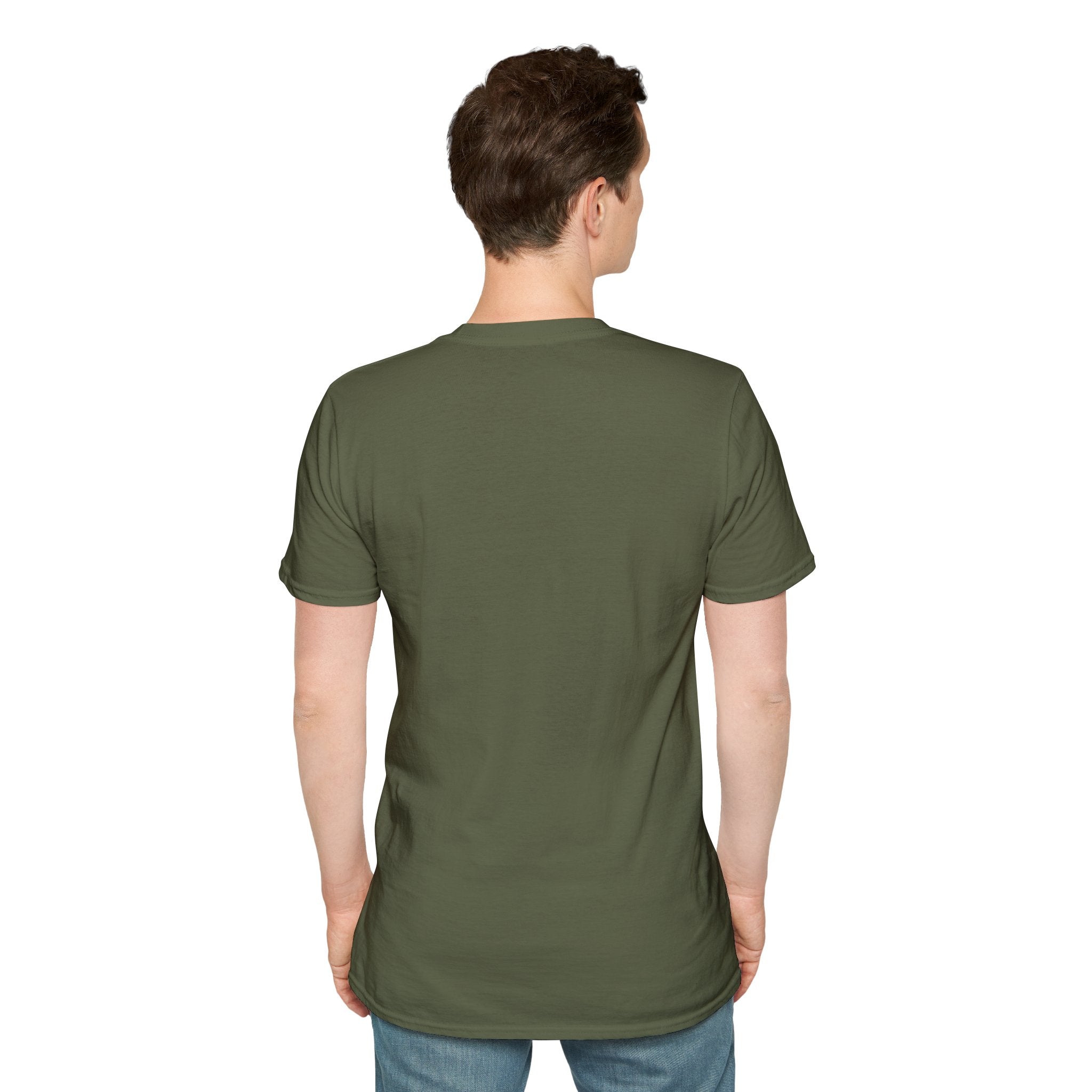 Person wearing an olive green t-shirt on a white background