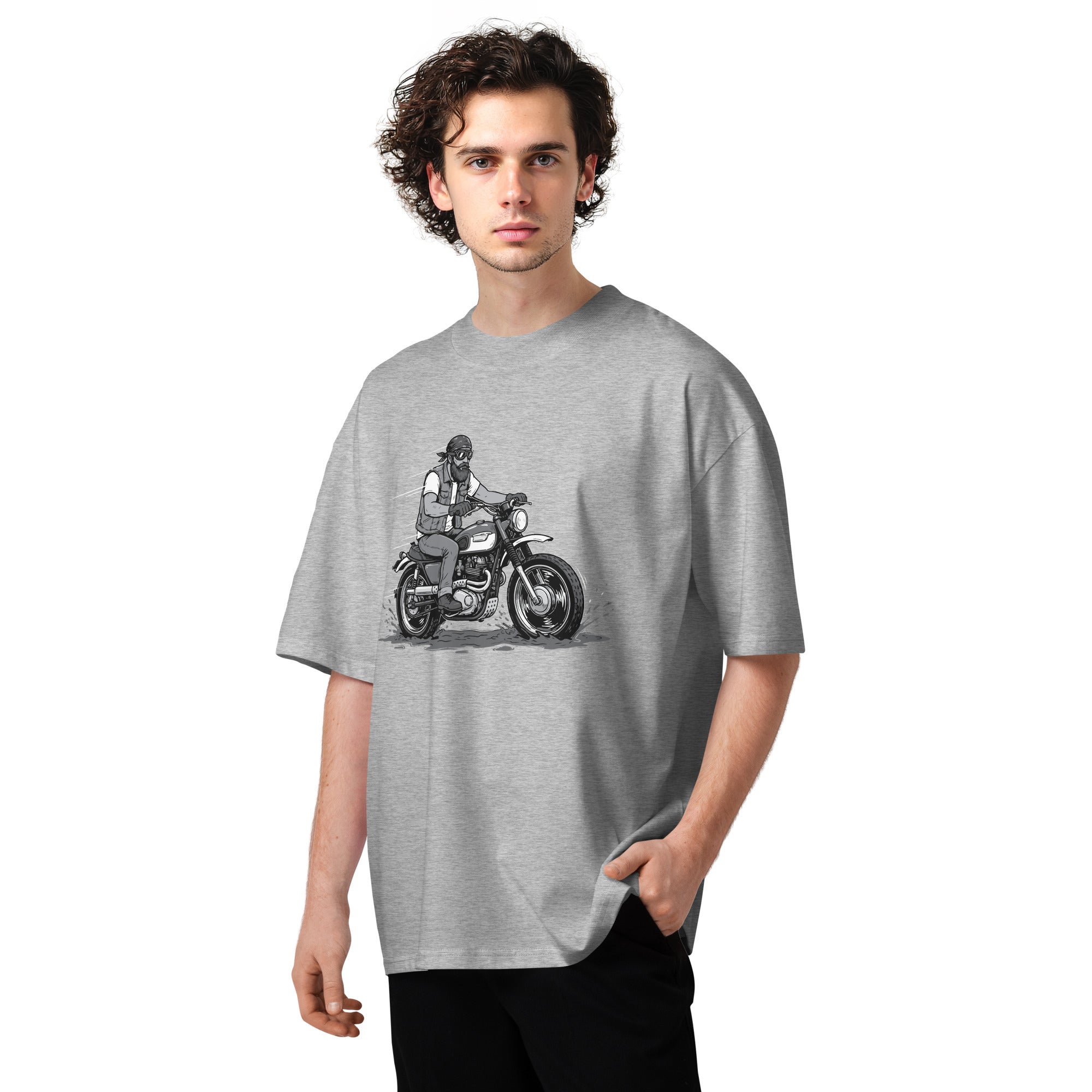 Man wearing a gray t-shirt with a graphic of a person on a motorcycle.