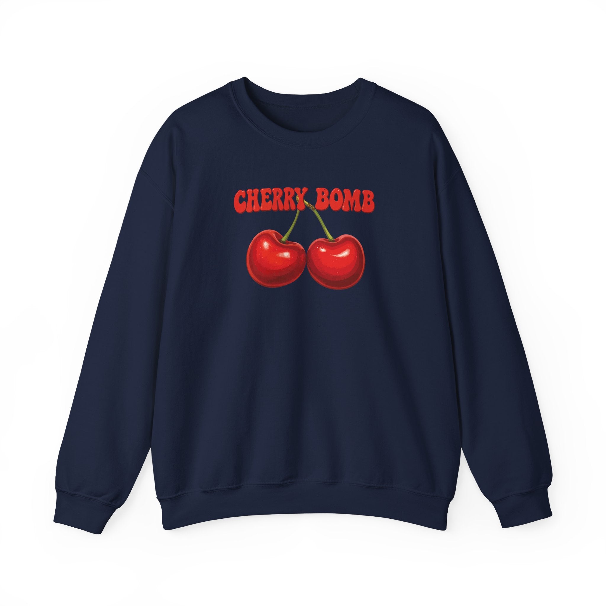 Navy blue sweatshirt with red cherries and 'CHERRY BOMB' text on a white background