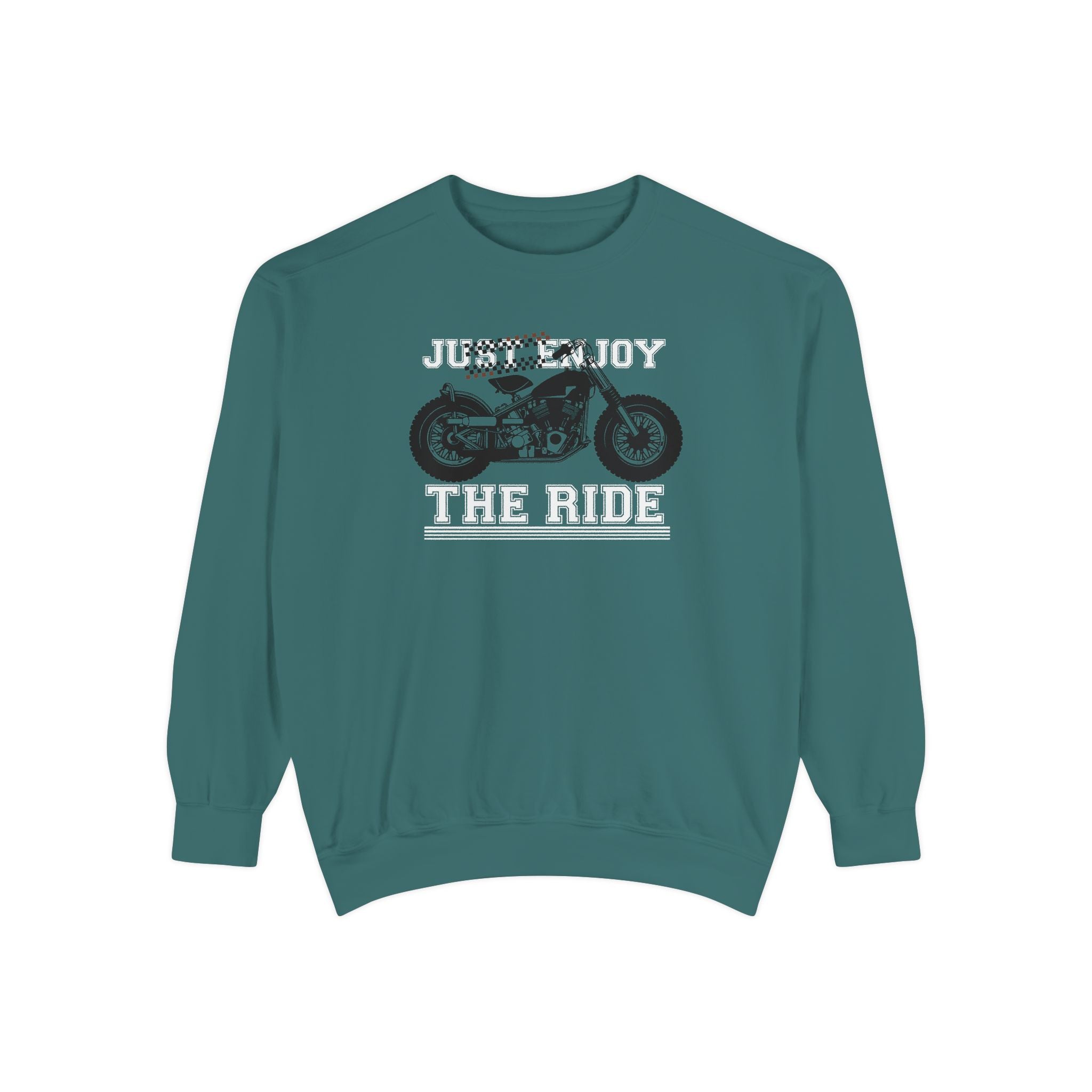 Teal sweatshirt with motorcycle graphic and text 'Just Enjoy The Ride' on a white background