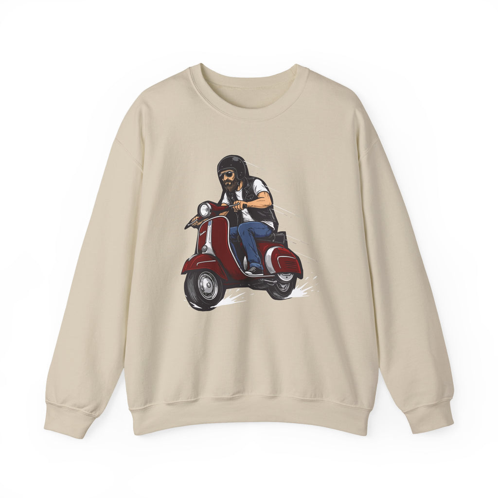 Beige sweatshirt with a graphic of a person on a scooter on a white background