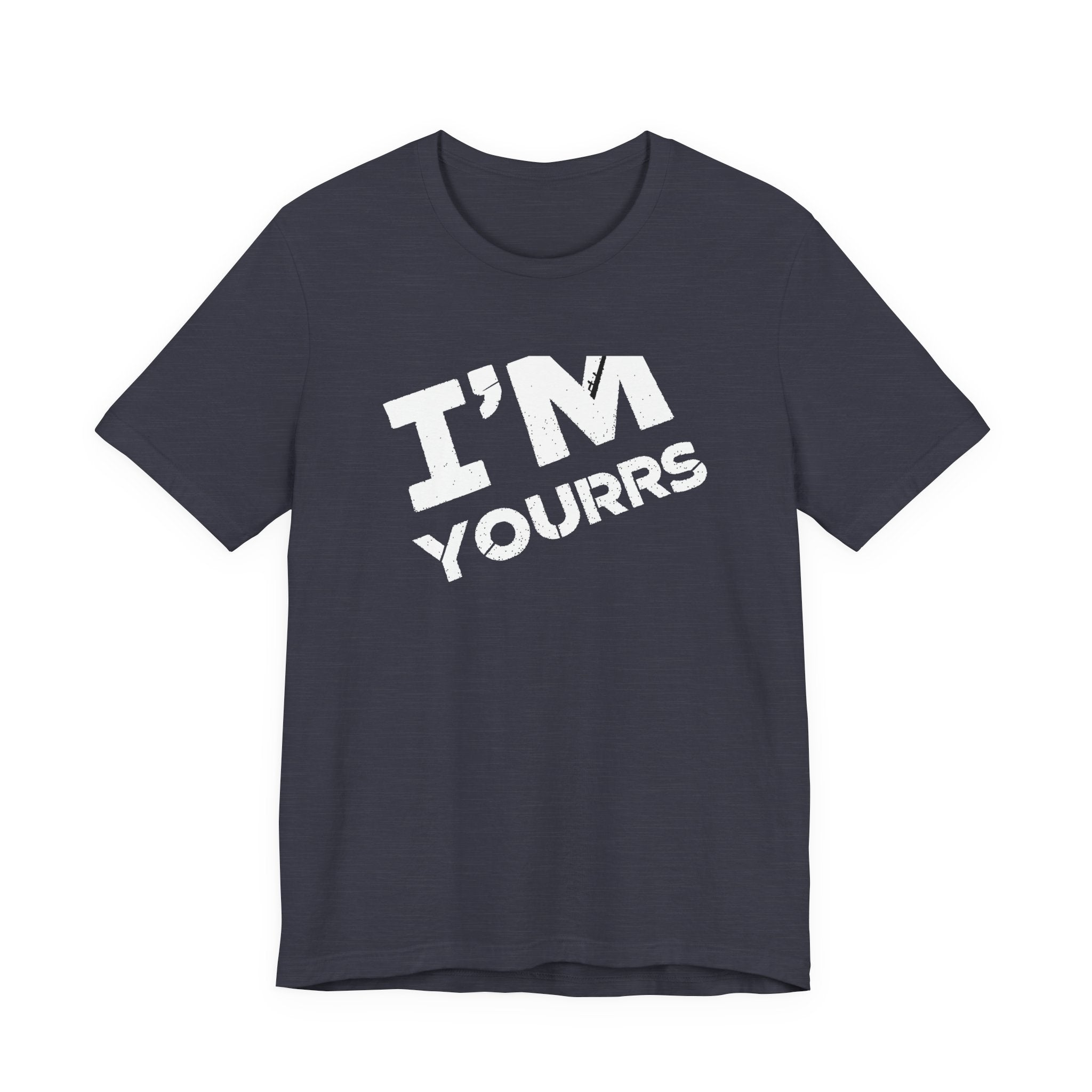 Navy blue t-shirt with 'I'm Yours' text on a white background
