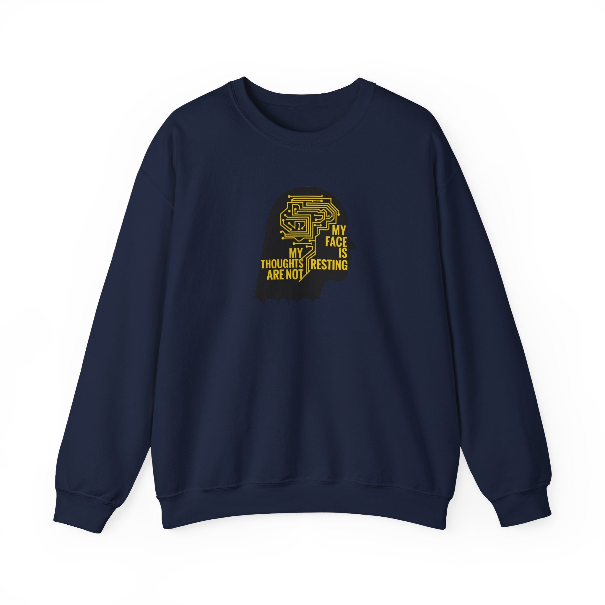 Navy blue sweatshirt with yellow graphic and text on a white background