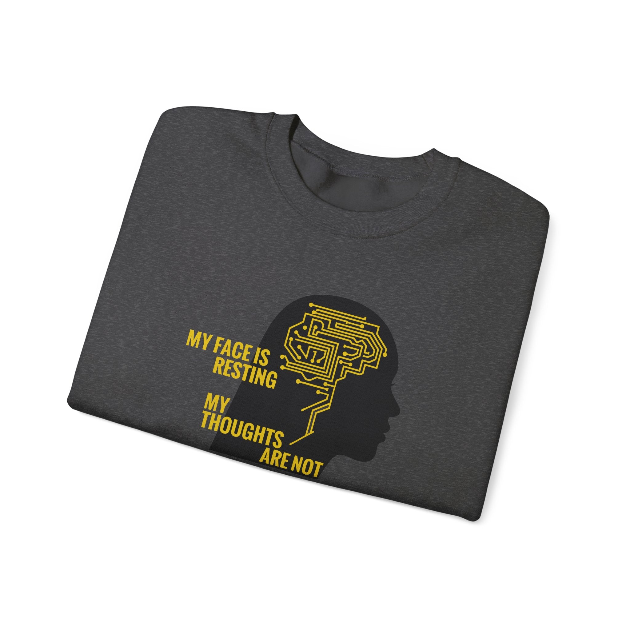 Folded dark gray t-shirt with yellow text and silhouette design on a white background